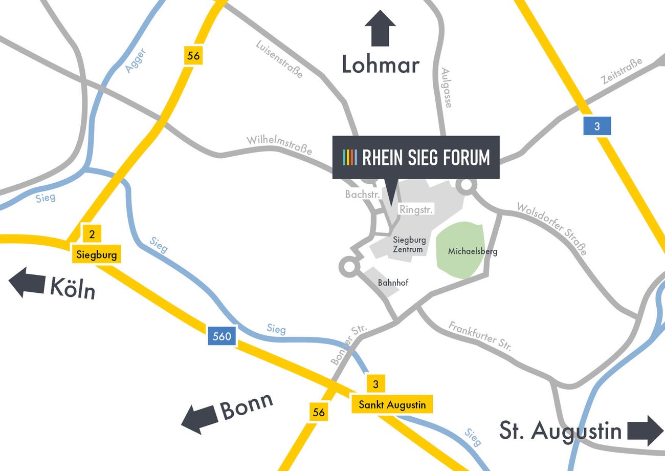 Stadtkarte mit Anfahrtsskizze zum RHEIN SIEG FORUM