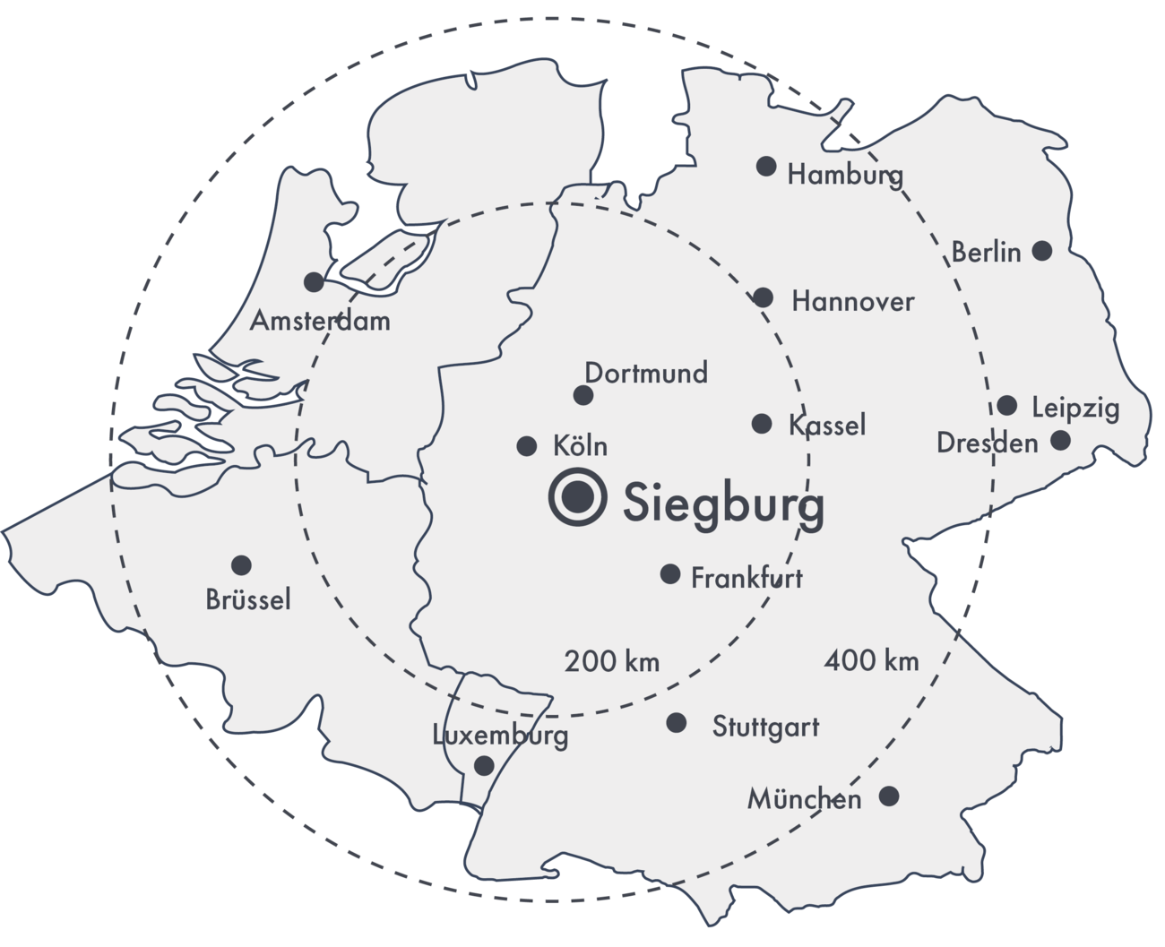 Zentrale Lage der Stadt Siegburg im Drei-Länder-Eck